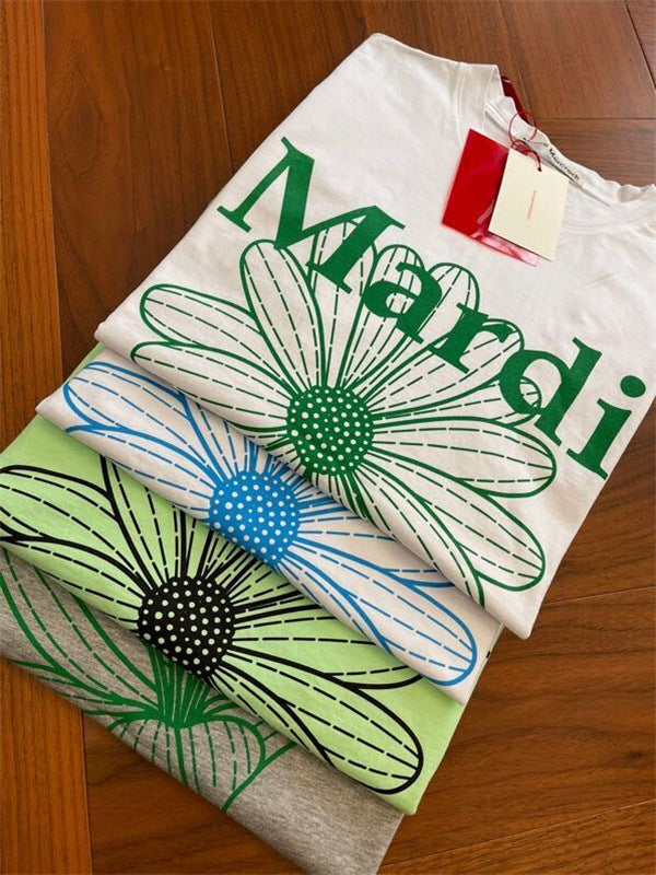 Oversized Green Flower Graphic Tee - Casual Short Sleeve Cotton T-Shirt