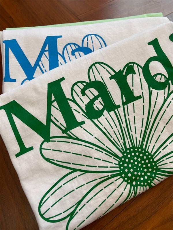 Oversized Green Flower Graphic Tee - Casual Short Sleeve Cotton T-Shirt