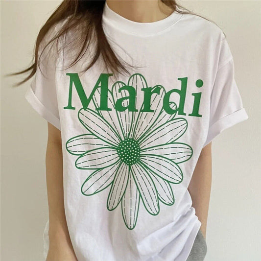 Oversized Green Flower Graphic Tee - Casual Short Sleeve Cotton T-Shirt
