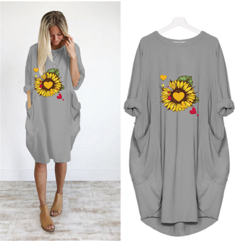 Women's Sunflower Print Loose Pocket Dress - Casual Summer Tunic