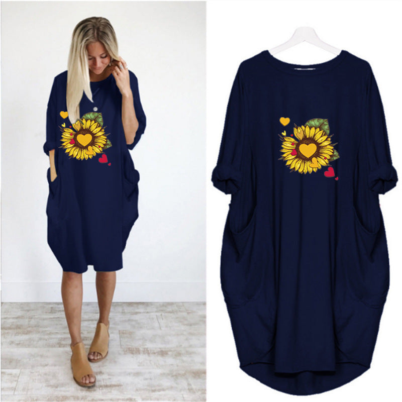 Women's Sunflower Print Loose Pocket Dress - Casual Summer Tunic