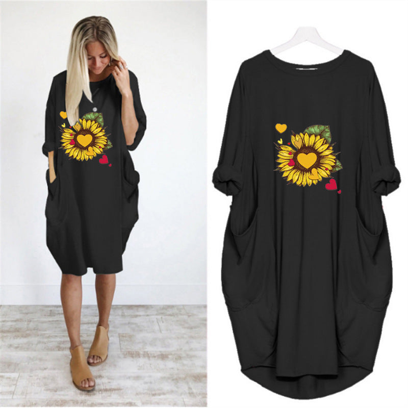 Women's Sunflower Print Loose Pocket Dress - Casual Summer Tunic