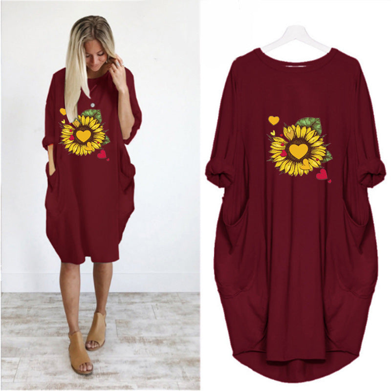 Women's Sunflower Print Loose Pocket Dress - Casual Summer Tunic