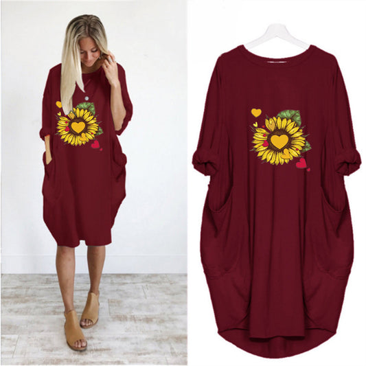 Women's Sunflower Print Loose Pocket Dress - Casual Summer Tunic
