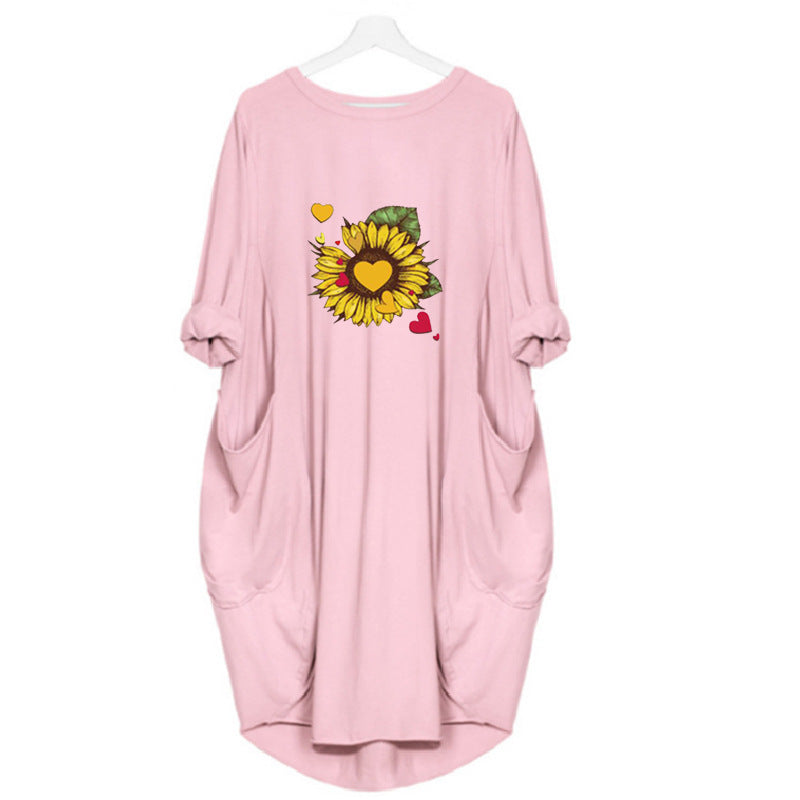 Women's Sunflower Print Loose Pocket Dress - Casual Summer Tunic