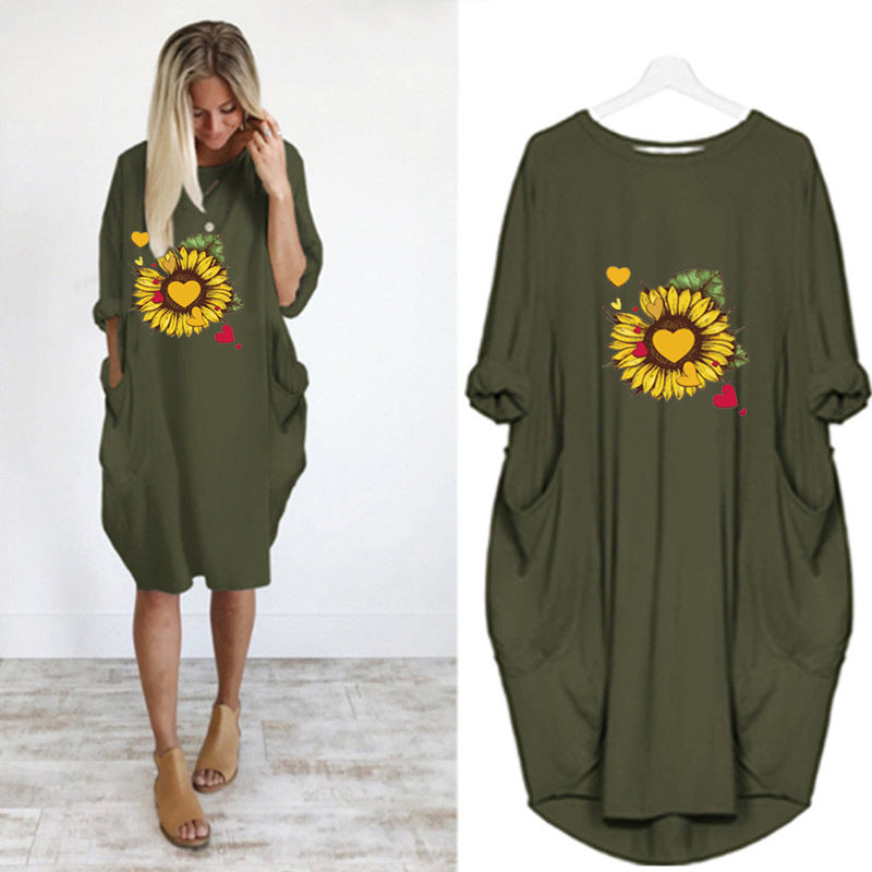 Women's Sunflower Print Loose Pocket Dress - Casual Summer Tunic