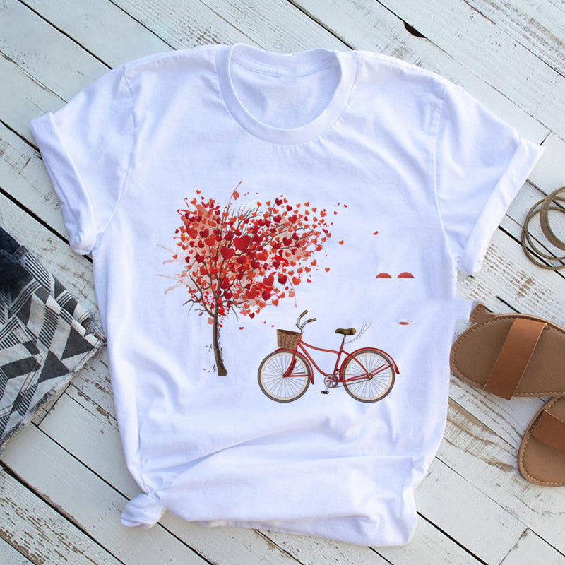 Women's Bicycle & Heart Balloon Graphic Tee - Cute Floral Valentine T-Shirt