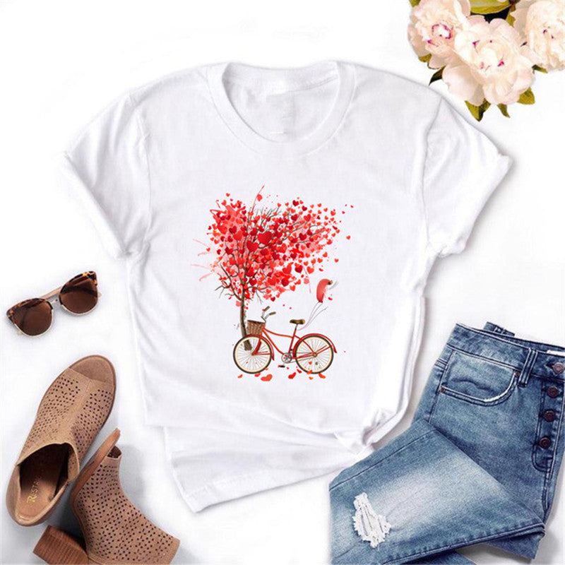 Women's Bicycle & Heart Balloon Graphic Tee - Cute Floral Valentine T-Shirt