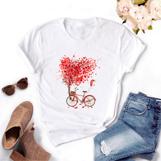 Women's Bicycle & Heart Balloon Graphic Tee - Cute Floral Valentine T-Shirt