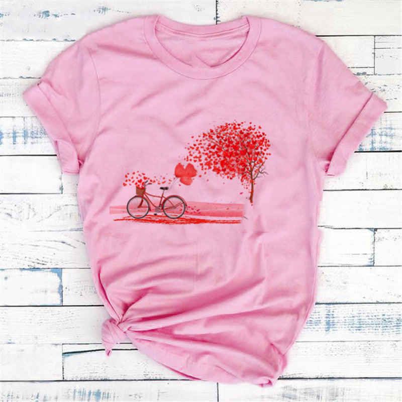 Women's Bicycle & Heart Balloon Graphic Tee - Cute Floral Valentine T-Shirt
