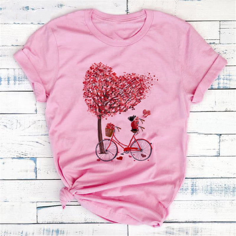 Women's Bicycle & Heart Balloon Graphic Tee - Cute Floral Valentine T-Shirt