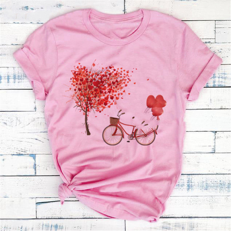 Women's Bicycle & Heart Balloon Graphic Tee - Cute Floral Valentine T-Shirt