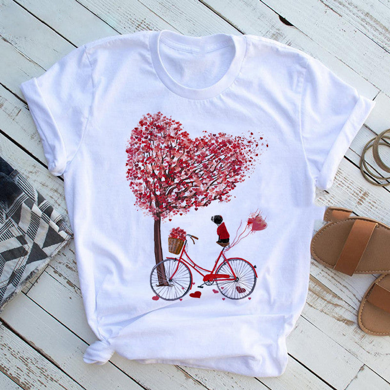 Women's Bicycle & Heart Balloon Graphic Tee - Cute Floral Valentine T-Shirt