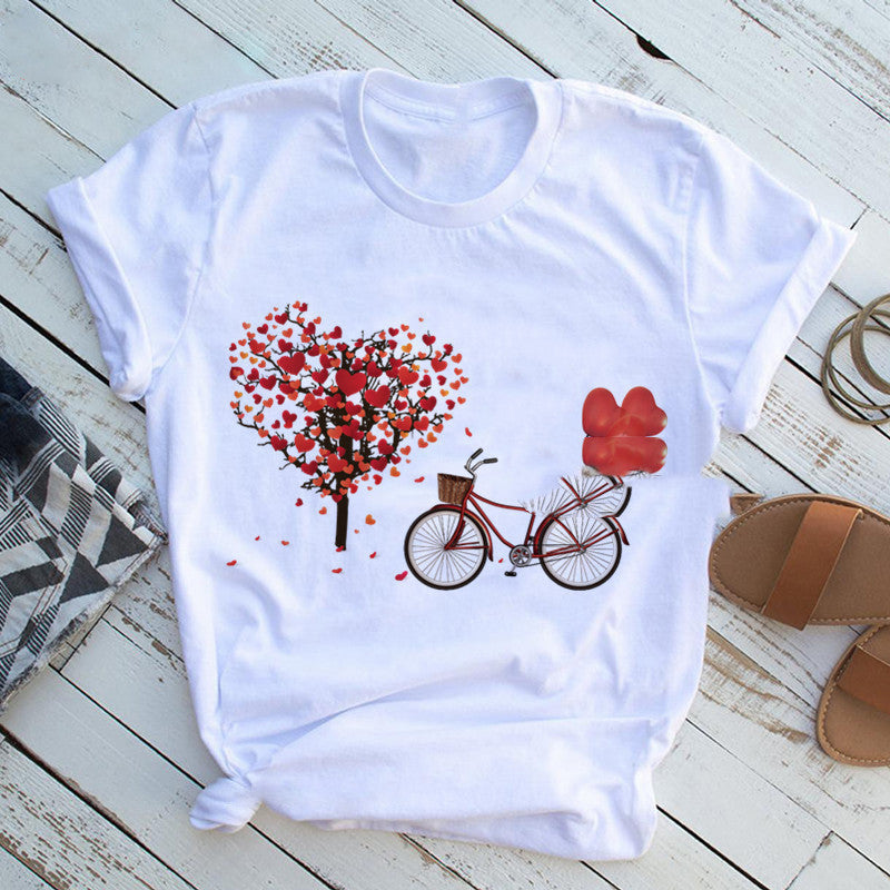 Women's Bicycle & Heart Balloon Graphic Tee - Cute Floral Valentine T-Shirt