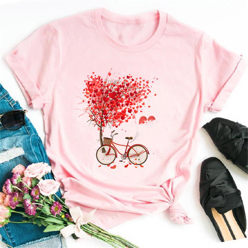 Women's Bicycle & Heart Balloon Graphic Tee - Cute Floral Valentine T-Shirt