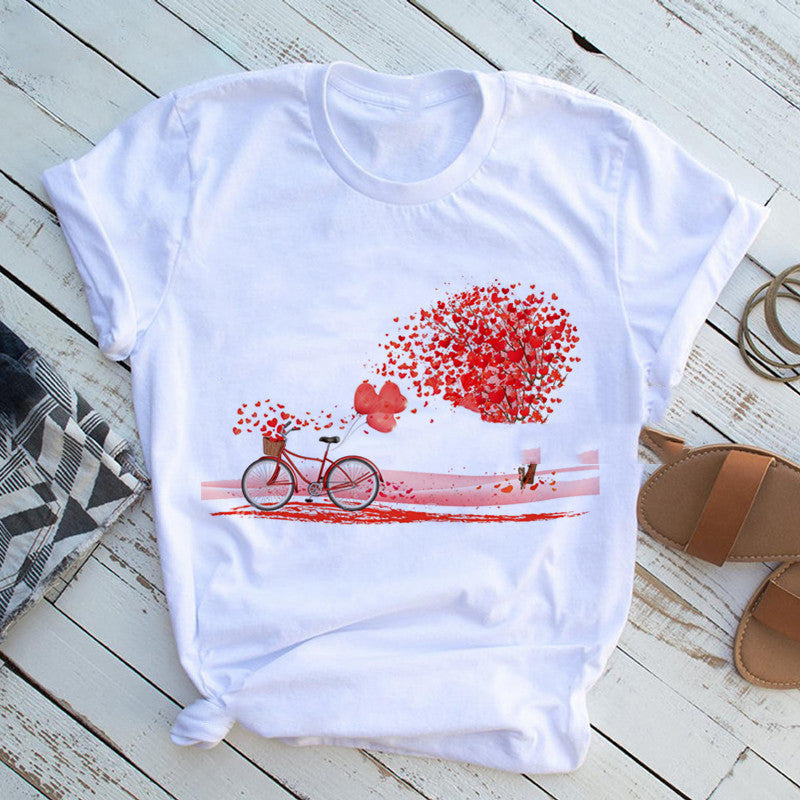 Women's Bicycle & Heart Balloon Graphic Tee - Cute Floral Valentine T-Shirt