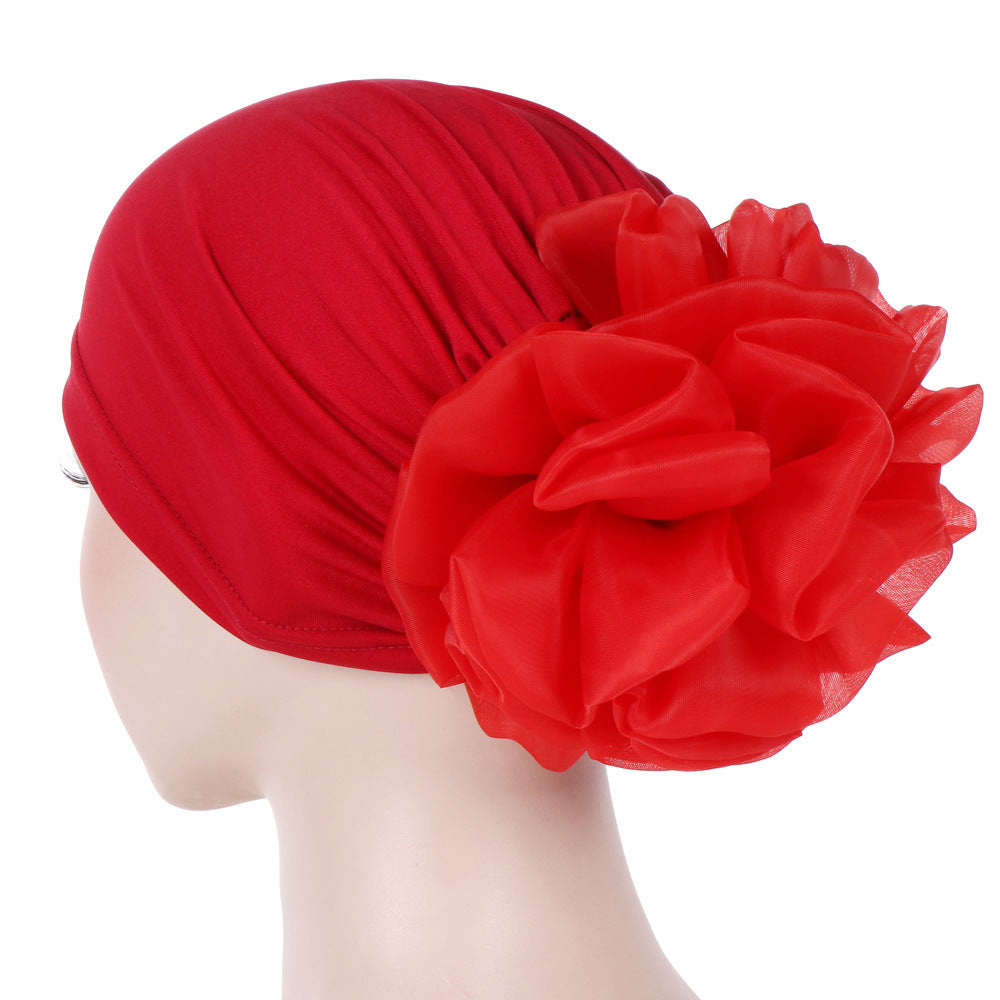Women's Fashion Turban Hat with Large Flower Accent - Elegant Headwrap Cap