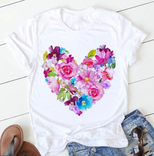 Women's Heart & Flower Print Short Sleeve T-Shirt - Casual Graphic Tee