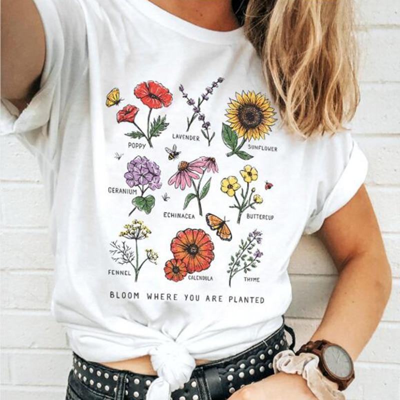 Bloom Where You Are Planted Botanical Flower Graphic Tee - Women's Cotton T-Shirt