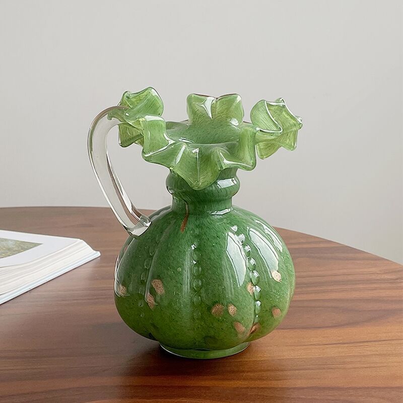 Green Glass Floral Vase - Handcrafted Pleated Lace Design
