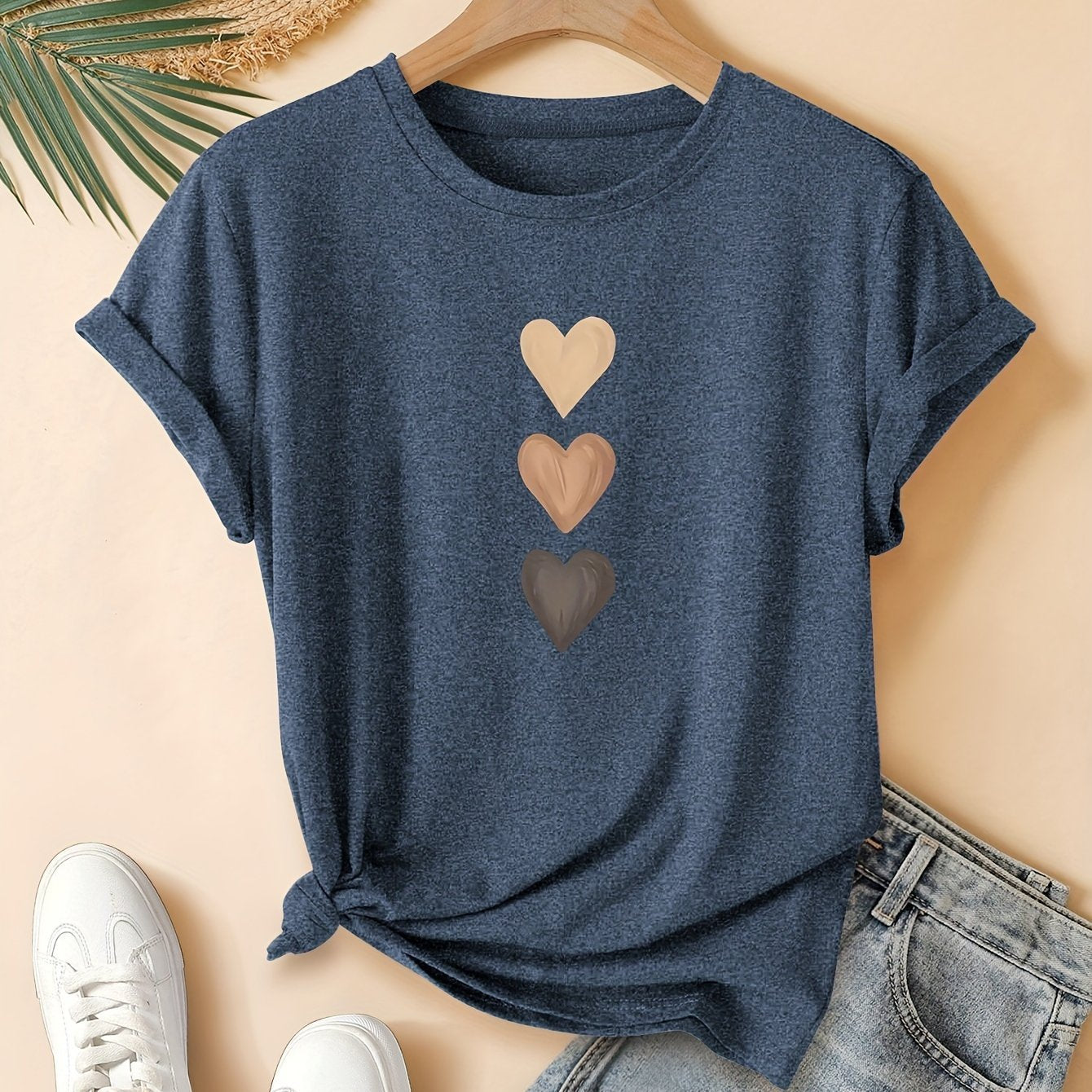 Three Heart Graphic Tee - Women's Casual Cotton Short Sleeve T-Shirt