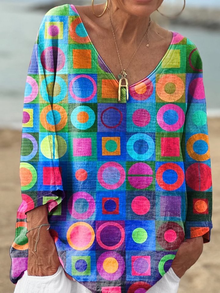 Women's V-Neck Long Sleeve Loose Top - Casual Graphic & Printed Blouse