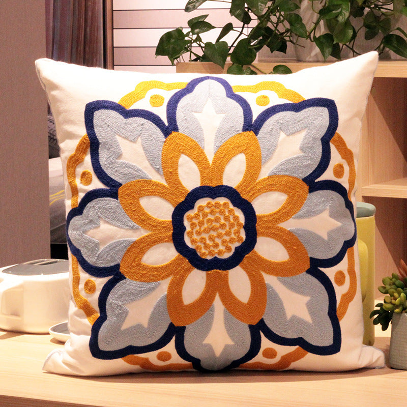 Embroidered Nordic Floral Cushion Cover - 45x45cm Cotton Pillowcase
