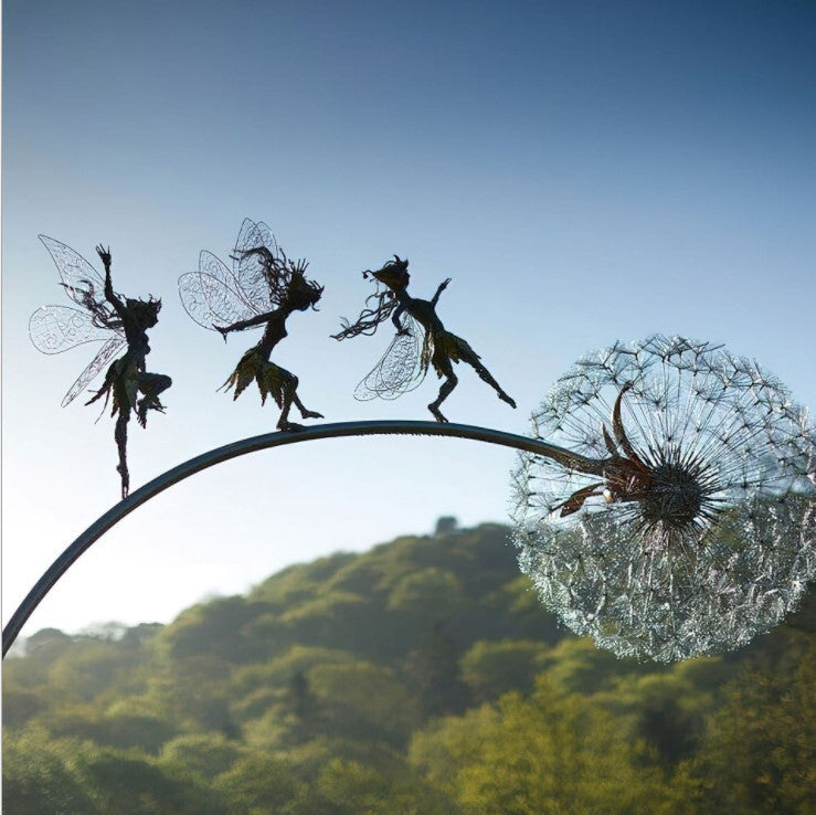 Metal Fairy Garden Sculpture - Dancing Elves with Dandelions