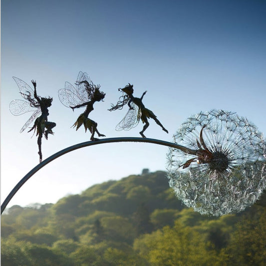 Metal Fairy Garden Sculpture - Dancing Elves with Dandelions