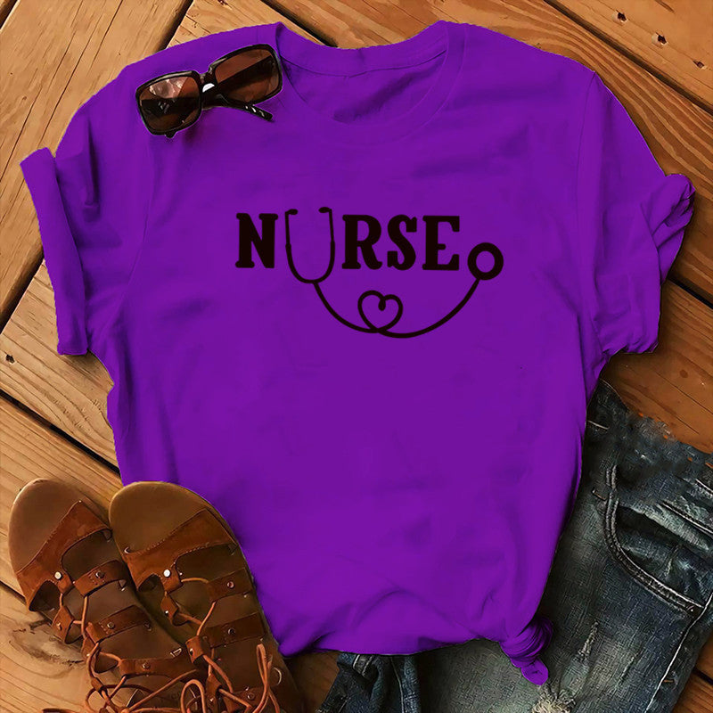 Nurse Graphic T-Shirt - Stethoscope Heart Print Short Sleeve