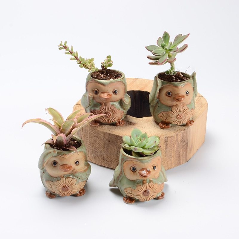 Ceramic Owl Succulent Planters - Mini Flower Pots or Indoor Plants (Set of 4)