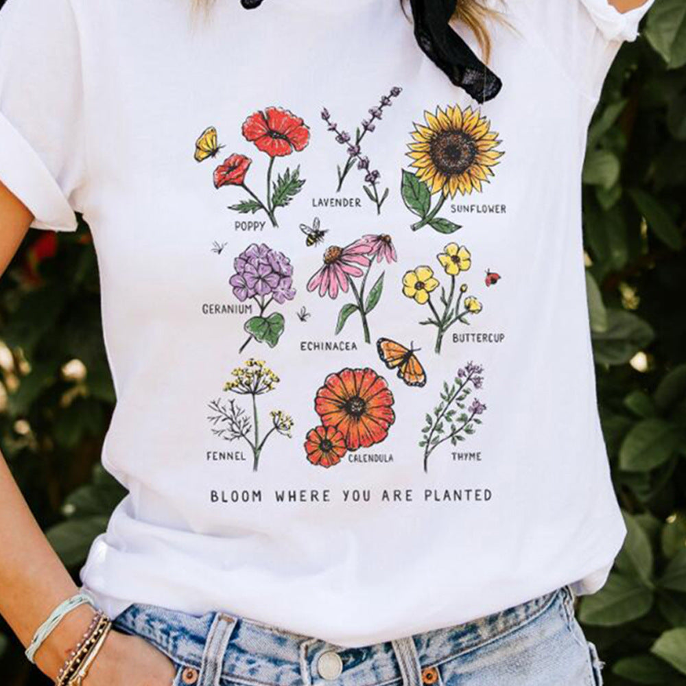 Bloom Where You Are Planted Botanical Flower Graphic Tee - Women's Cotton T-Shirt