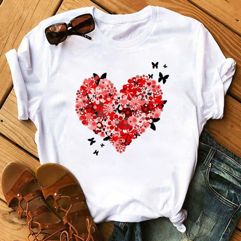 Women's Heart Print Graphic T-Shirt - Casual Valentine's Day Top