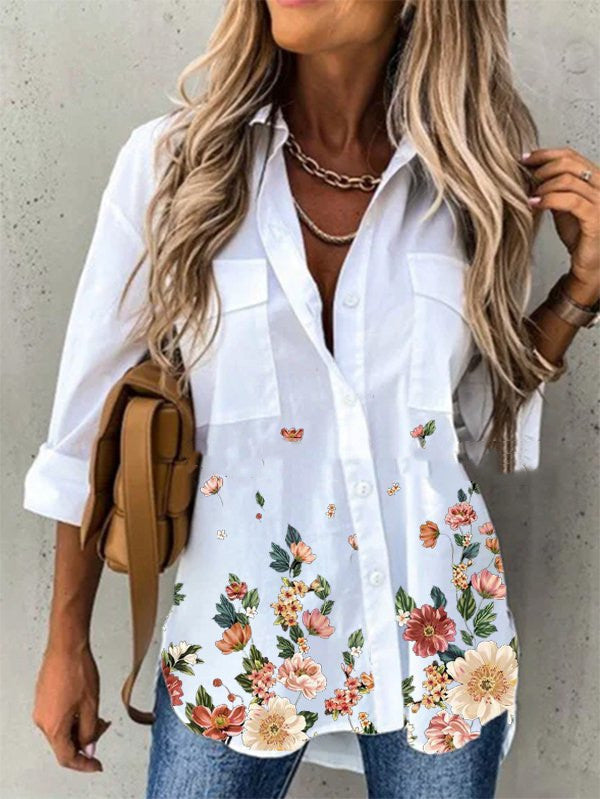 Women's Floral V-Neck Long Sleeve Blouse - Loose Fit Casual Shirt