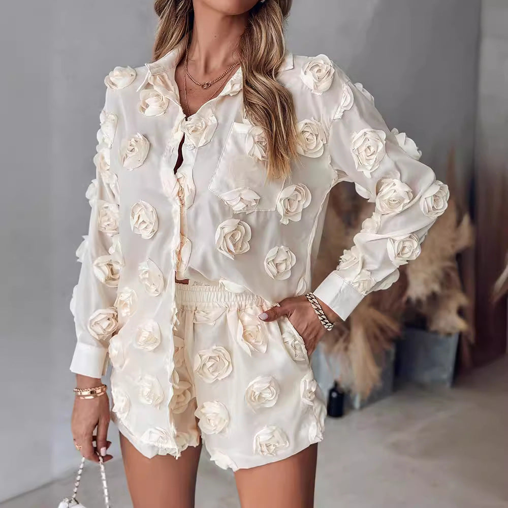 3D Floral Two-Piece Set - Women's Long Sleeve Top & Shorts