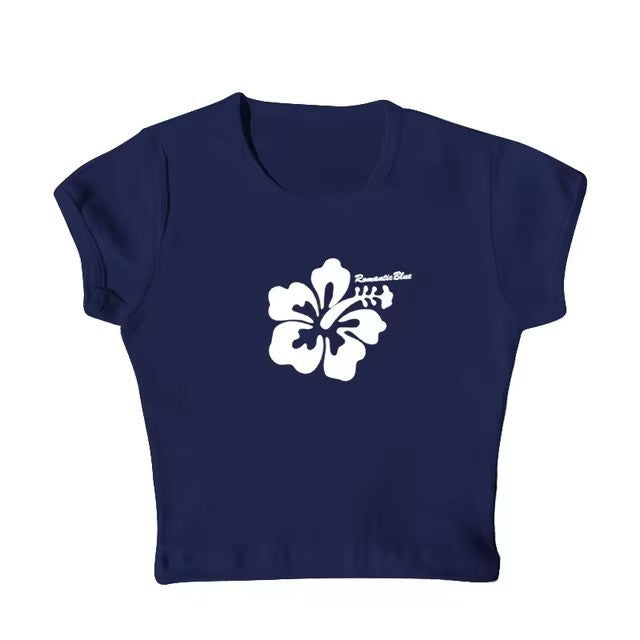 Retro Hibiscus Flower Print Short Sleeve Tee - Casual Y2K Summer Top