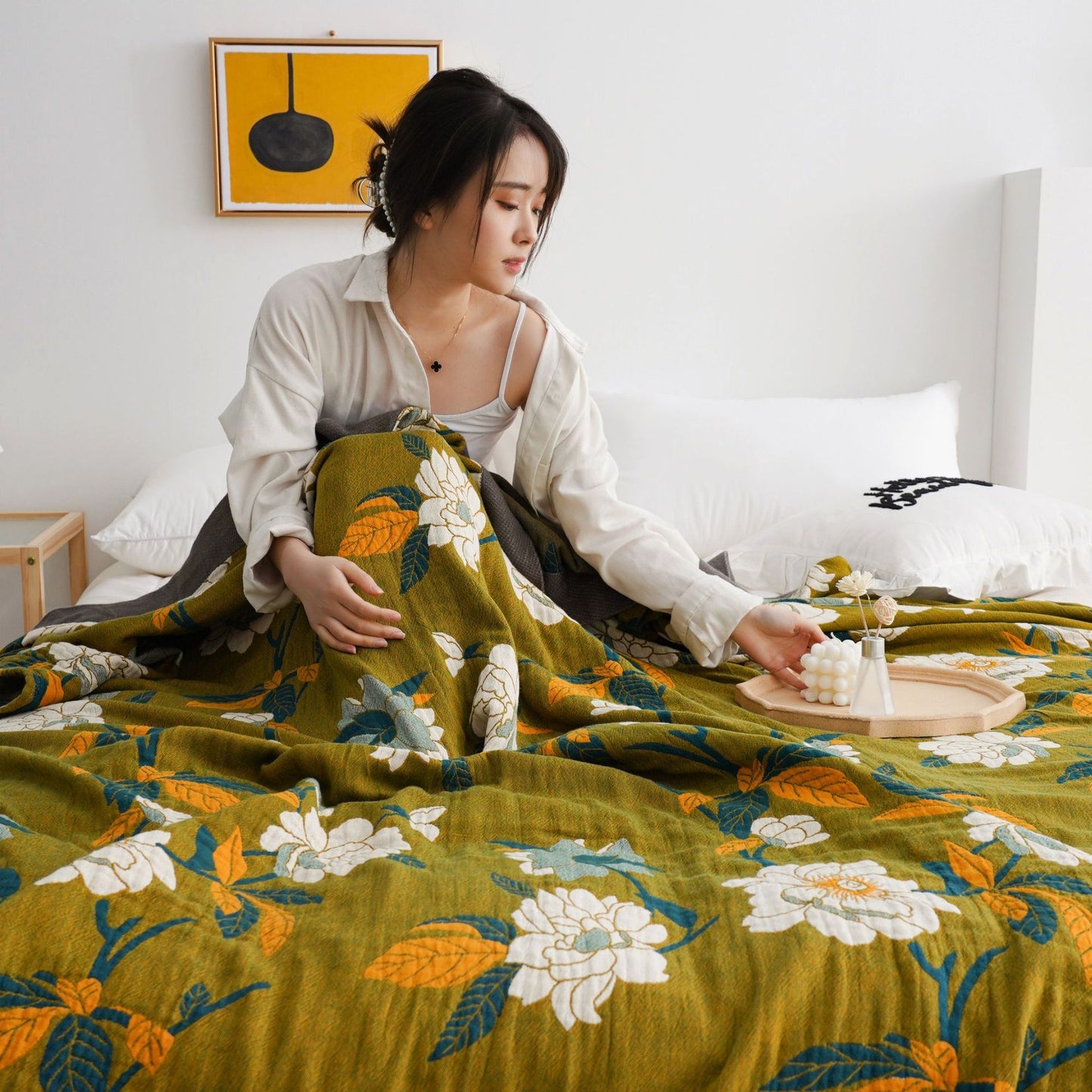 Breathable Cotton Bed Quilt - Lightweight 5-Layer Gauze Blanket