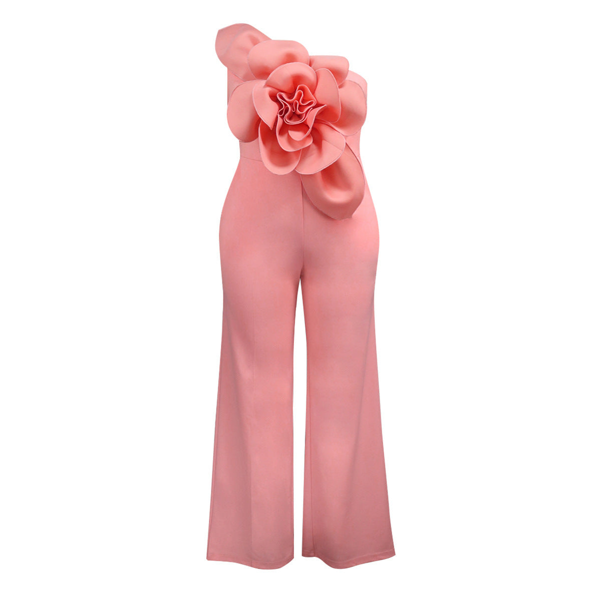 3D Flower Statement Jumpsuit - Elegant One-Shoulder Wide-Leg Romper