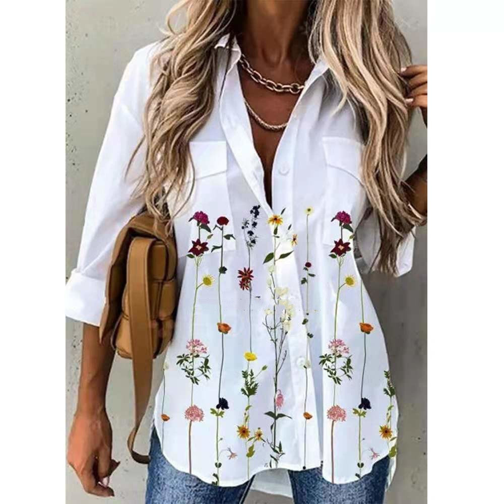 Women's Floral V-Neck Long Sleeve Blouse - Loose Fit Casual Shirt