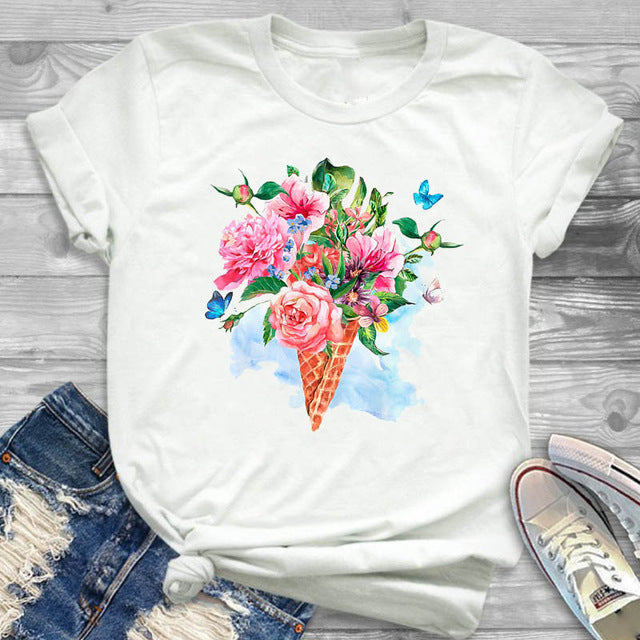 Women's Floral Hot Air Balloon Graphic T-Shirt