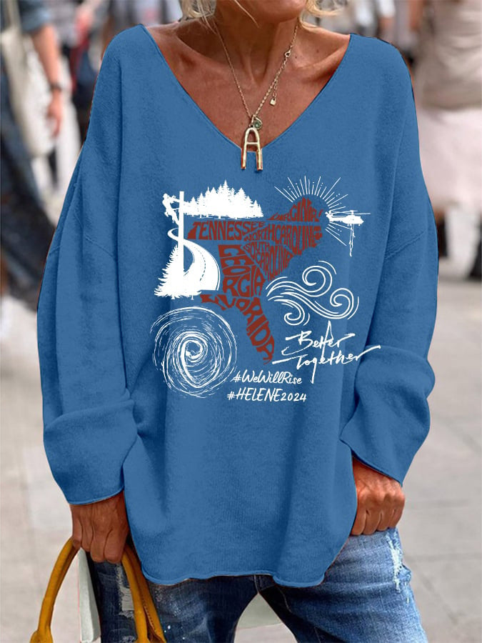 Women's V-Neck Long Sleeve Loose Top - Casual Graphic & Printed Blouse