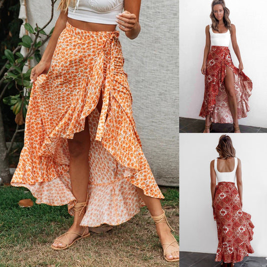 Bohemian Floral Wrap Skirt - High Waist Maxi with Ruffle Hem