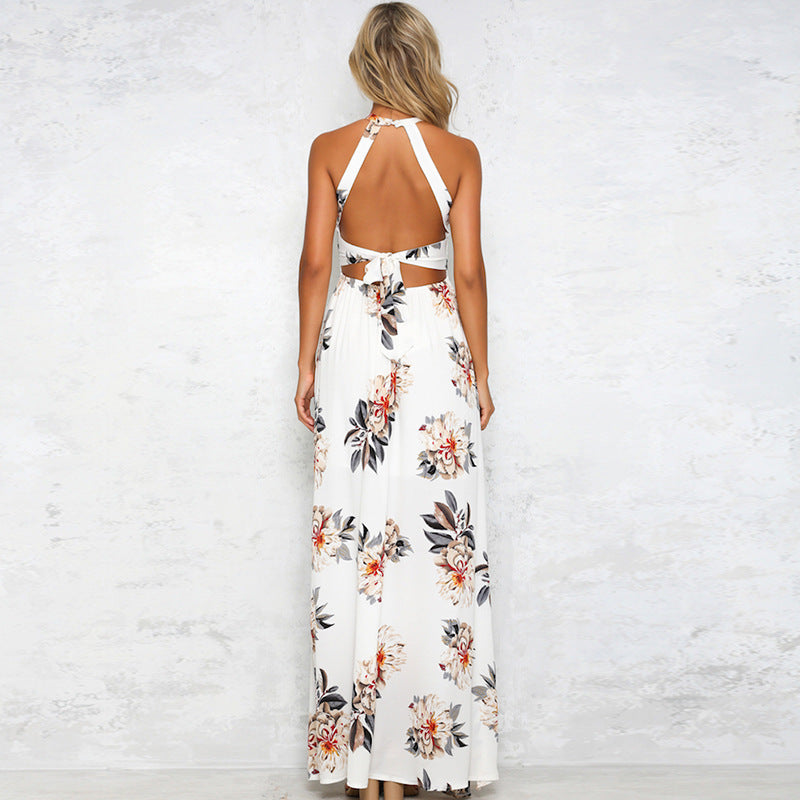 Boho Floral Halter Maxi Dress - White Lace Chiffon Sundress