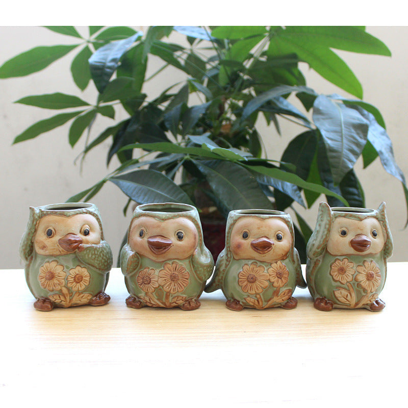 Ceramic Owl Succulent Planters - Mini Flower Pots or Indoor Plants (Set of 4)
