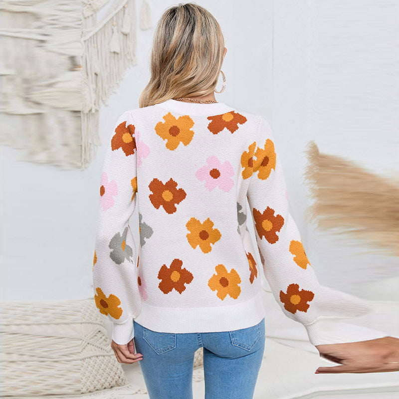 Retro Floral Print Knit Pullover Sweater - Women's Long Sleeve Top