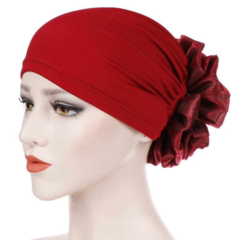 Women's Fashion Turban Hat with Large Flower Accent - Elegant Headwrap Cap