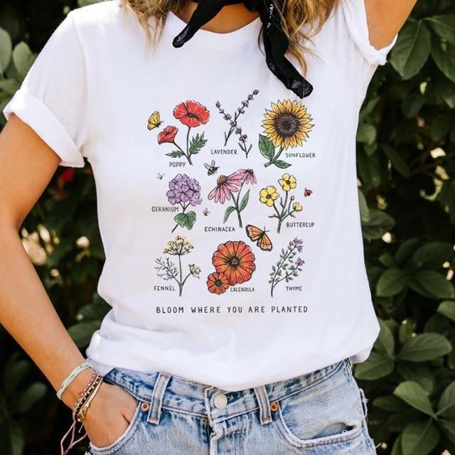 Bloom Where You Are Planted Botanical Flower Graphic Tee - Women's Cotton T-Shirt