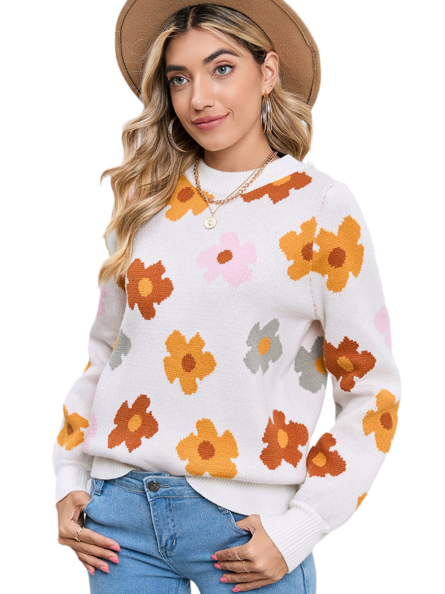 Retro Floral Print Knit Pullover Sweater - Women's Long Sleeve Top