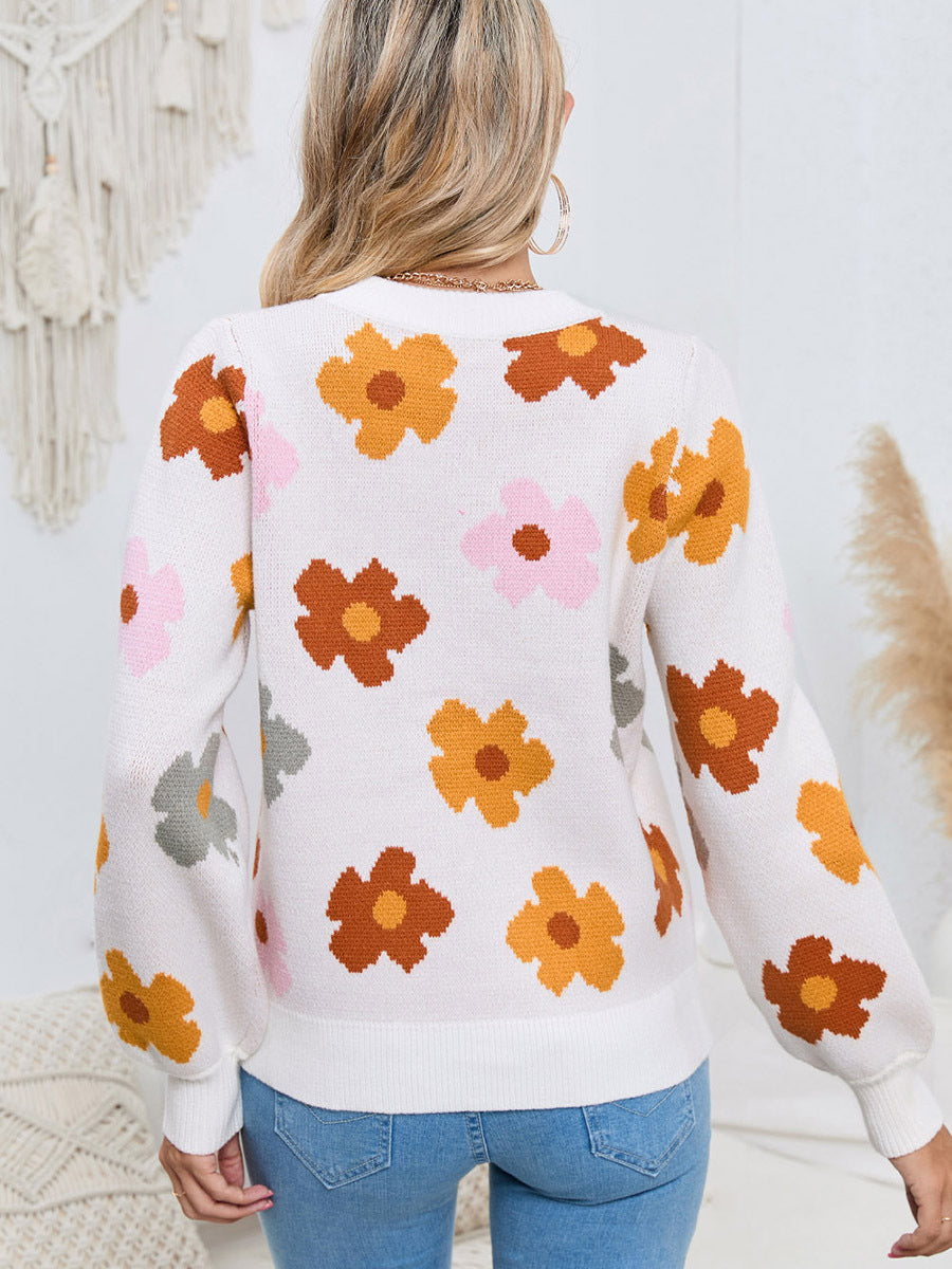 Retro Floral Print Knit Pullover Sweater - Women's Long Sleeve Top