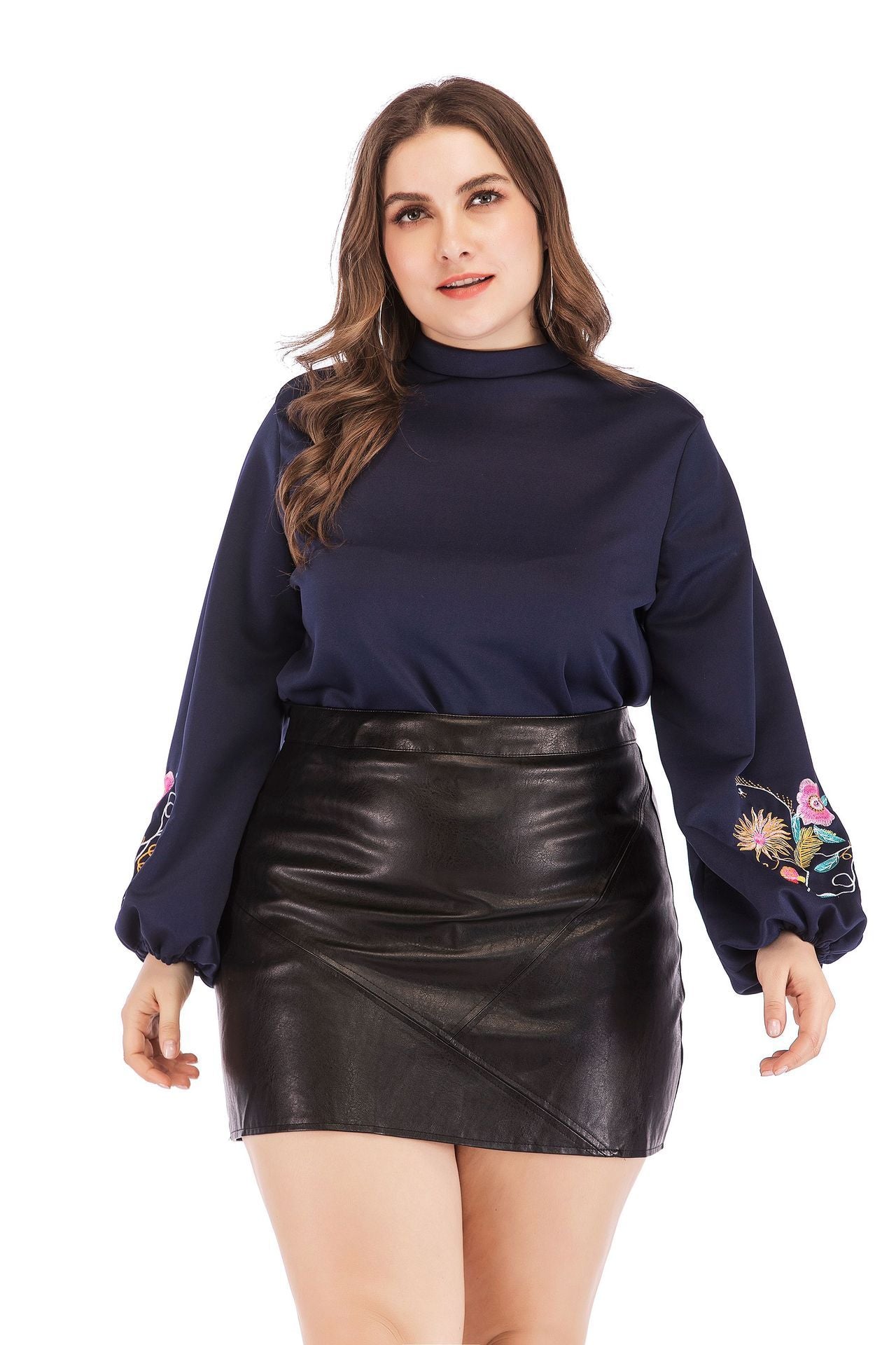 Navy Long Sleeve Top with Embroidered Floral Sleeves - Plus Size Pullover
